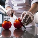 chef cutting red tomato his kitchen 1042628 463411
