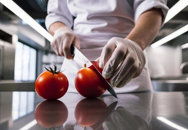 chef cutting red tomato his kitchen 1042628 463411