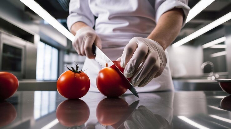 chef cutting red tomato his kitchen 1042628 463411